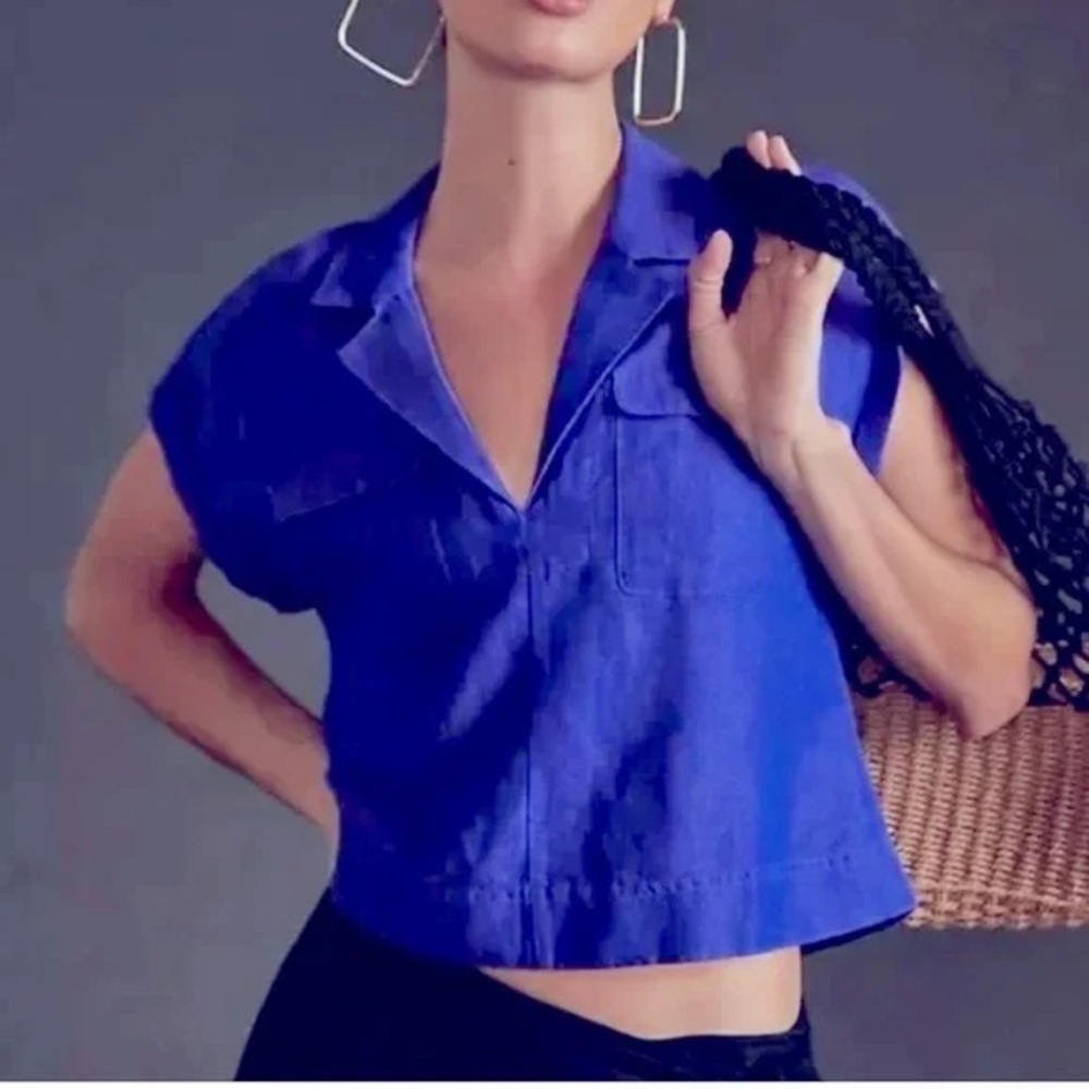 Anthropologie Linen Blend Crop Utility Split V Neck Collared Top in Blue